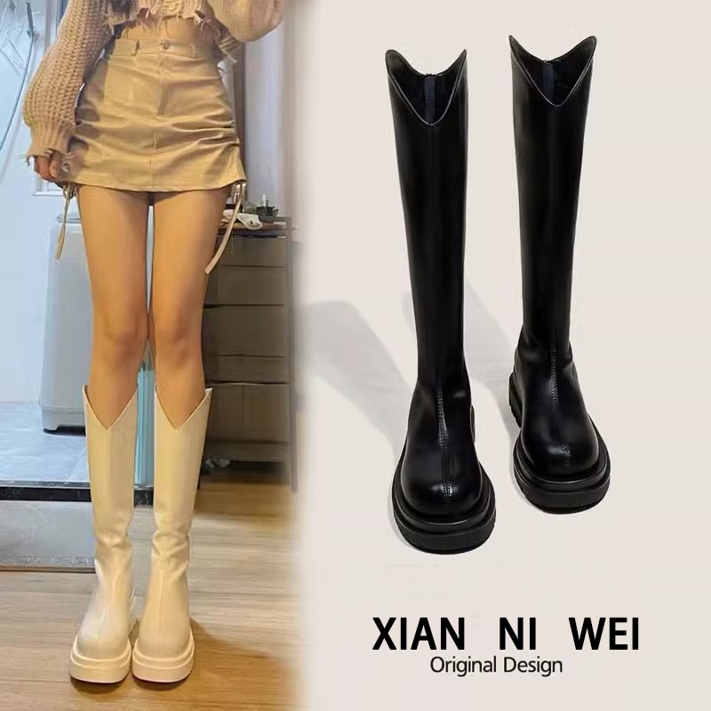 显瘦加绒白色长筒靴高筒骑士靴