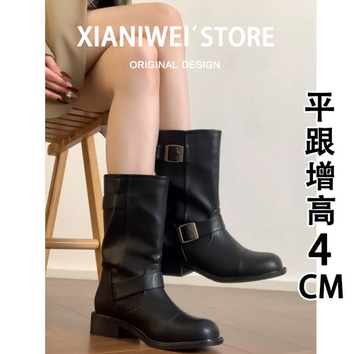 西部牛仔靴美拉德中筒骑士靴