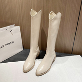 骑士靴2025新款 春秋高跟V口尖头高筒长靴小个子西部牛仔长筒靴女