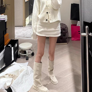 2026秋冬新款小香风法式厚底白色长靴女裤管靴骑士靴高筒靴长筒靴