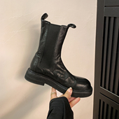 显瘦版 2025新款 厚底褶皱切尔西靴女中筒英伦风马丁靴烟筒靴短靴