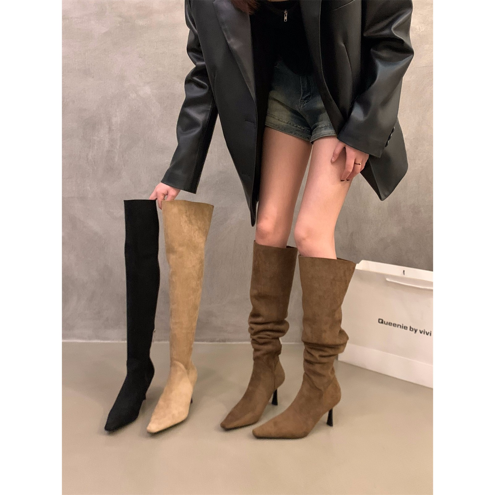 女鞋卡其色堆堆长筒骑士靴子