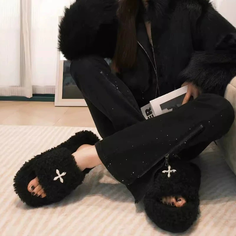 慵懒风厚底棉拖鞋高跟一字拖鞋女