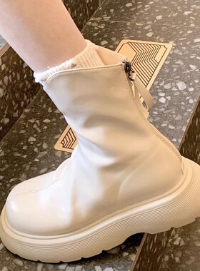 厚底马丁靴2025秋冬新款后拉链圆头V口白色骑士靴短靴子女中筒靴