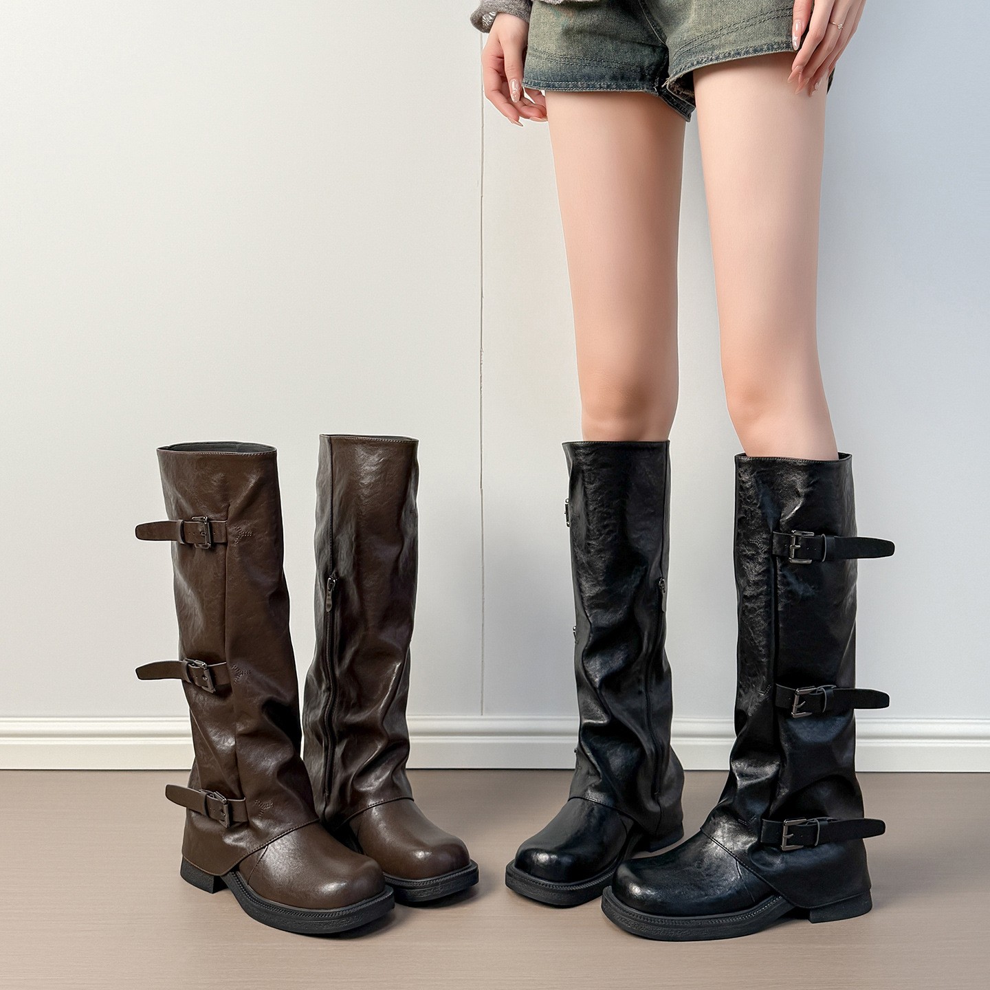 厚底棕色美拉德长筒骑士靴