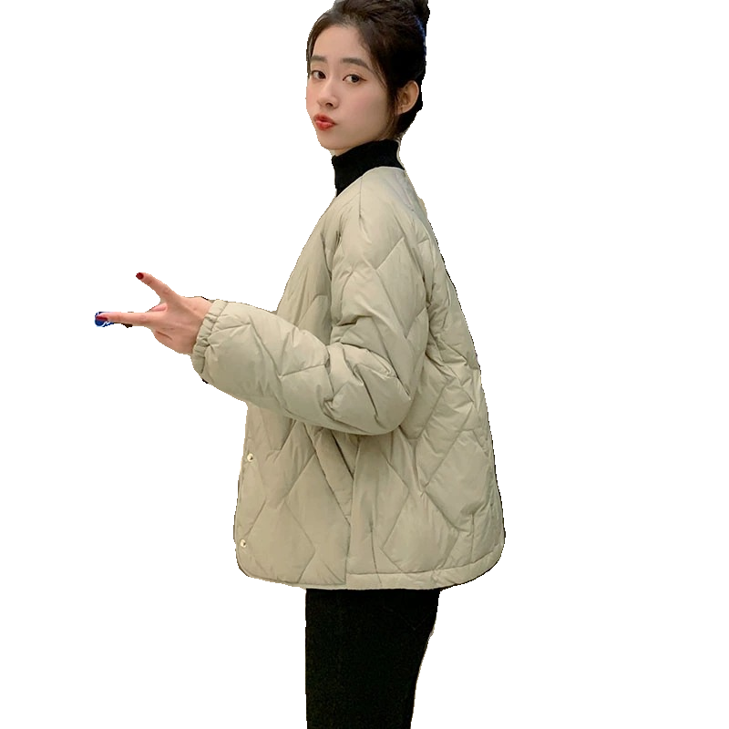 2024冬短款小个子圆无领轻薄羽绒服女菱格白鸭绒内胆百搭休闲外套