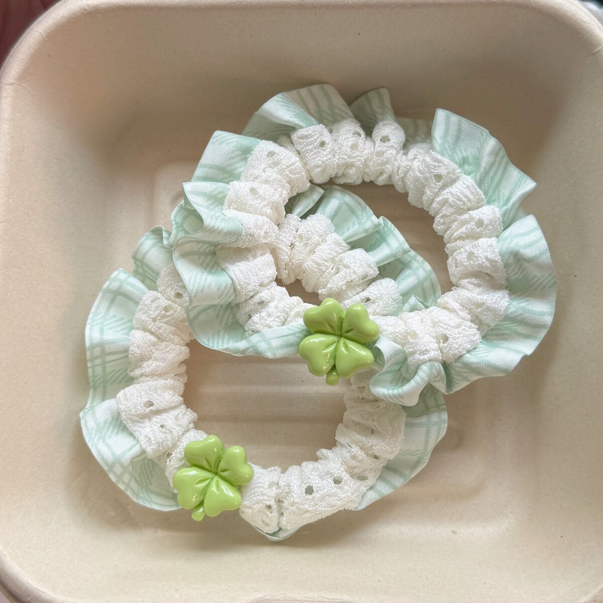 蕾丝可爱幸运四叶草少女发圈肠圈头绳清新甜美发饰皮筋发绳高弹力