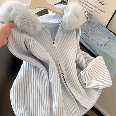 超好看慵懒风大毛领连帽针织开衫