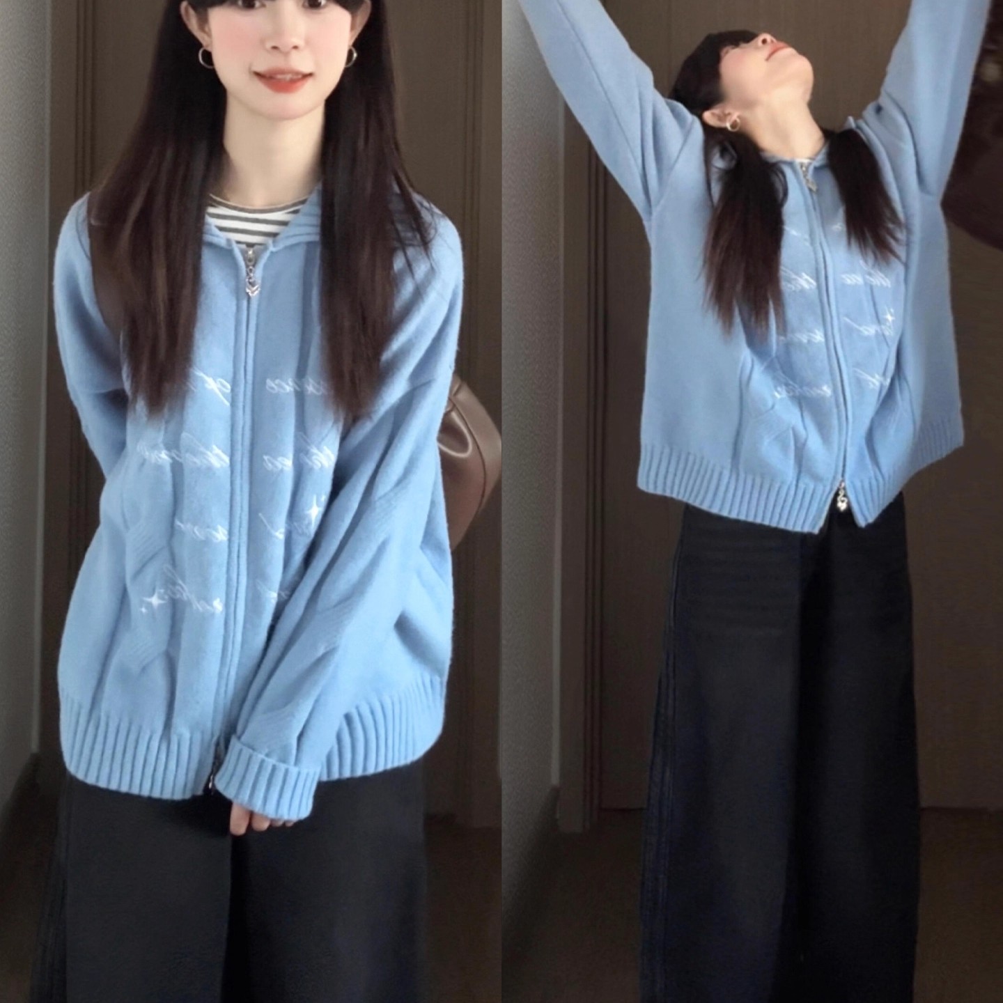 蓝色翻领毛衣外套女秋冬季