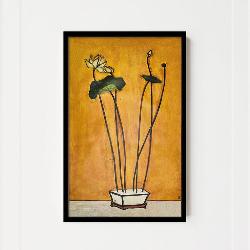 常玉荷花盆栽静物装饰画中式复古玄关餐厅客厅壁画小众咖啡店挂画图片