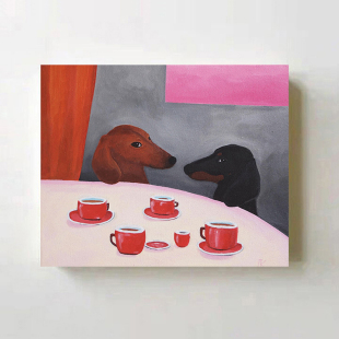 2025新款餐厅小狗中古风小众艺术装饰画轻奢高级感个性餐边柜挂画