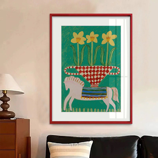 2025新款春日花马红绿色装饰画客餐厅玄关轻奢高级感多巴胺壁挂画