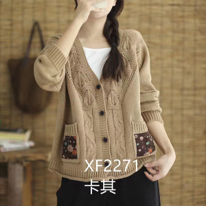文艺范V领贴布棉线针织开衫外搭女秋季新款宽松百搭休闲毛衣外套