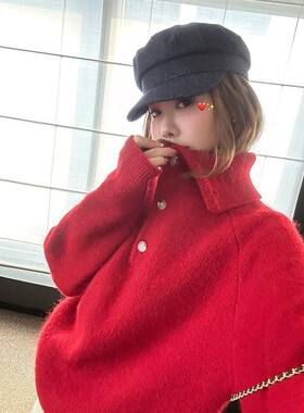 HEYGIRL黑哥酒心甜巧设计感套头纽扣针织毛衣女冬休闲上衣圣诞红