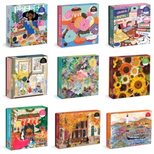 现货美国Galison拼图1000片500片邻里的秋日海边秋日壁炉边金箔多