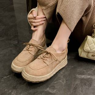 真皮粉色系带单鞋 厚底乐福鞋 子 女2025新款 7cm草编坡跟复古渔夫鞋