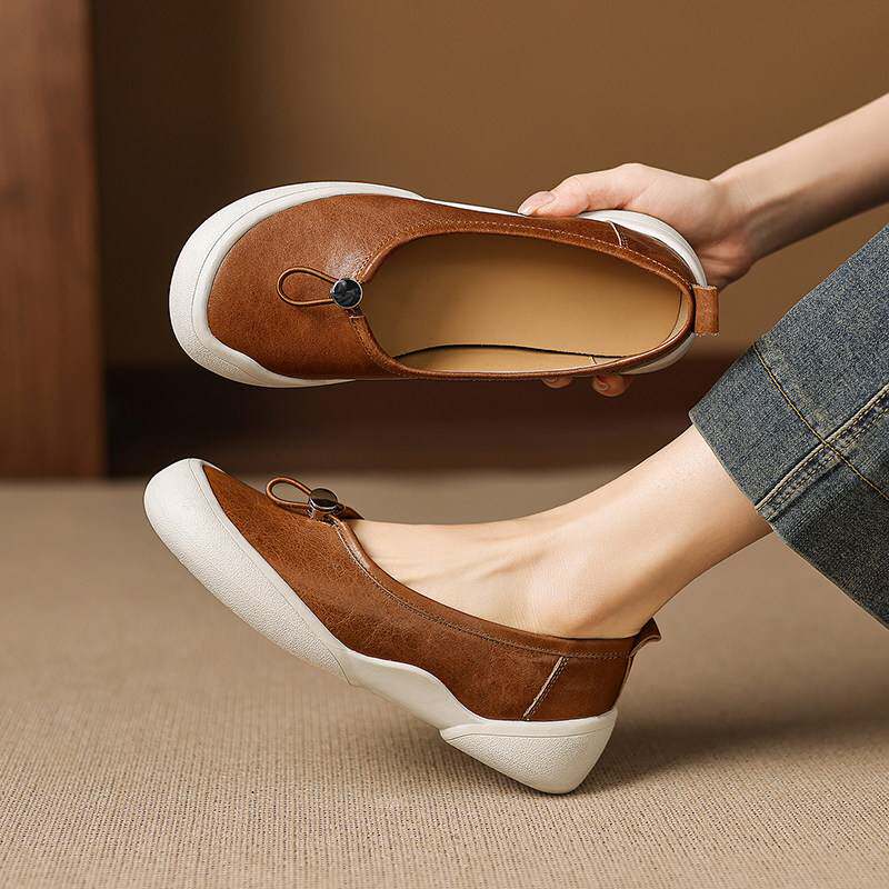 5cm头层牛皮厚底运动休闲浅口单鞋女真皮软皮软底内增高乐福鞋春