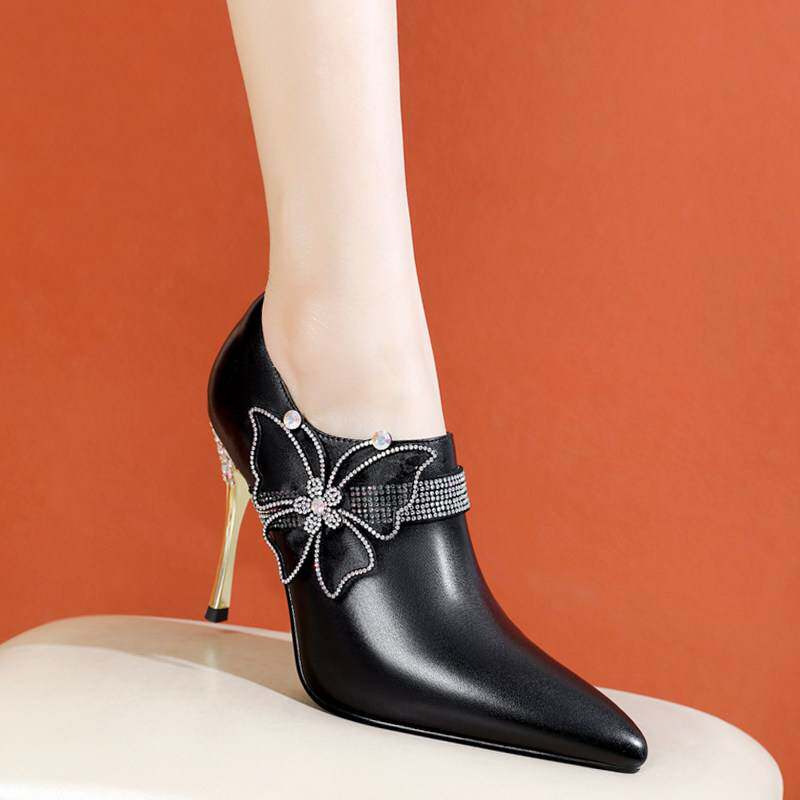 2025春新款尖头细跟水钻真皮深口单鞋气质名媛设计感小众高跟鞋女