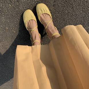 露涵思包头凉鞋女夏新款真皮百搭法式小众绑带粗跟高跟鞋奶奶鞋