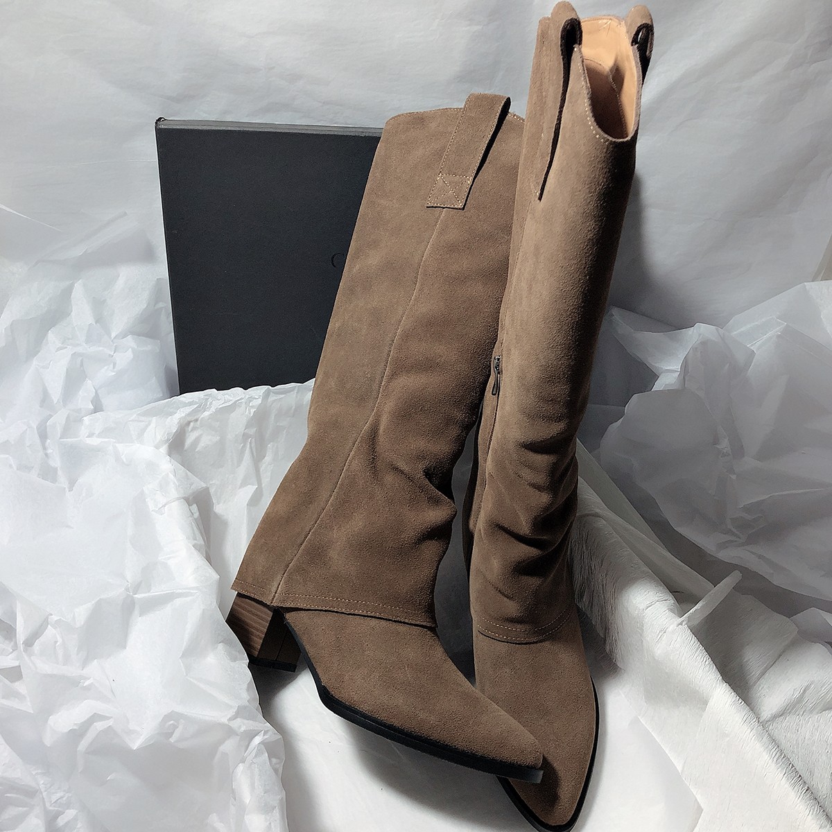 气质尖头粗跟磨砂真皮侧