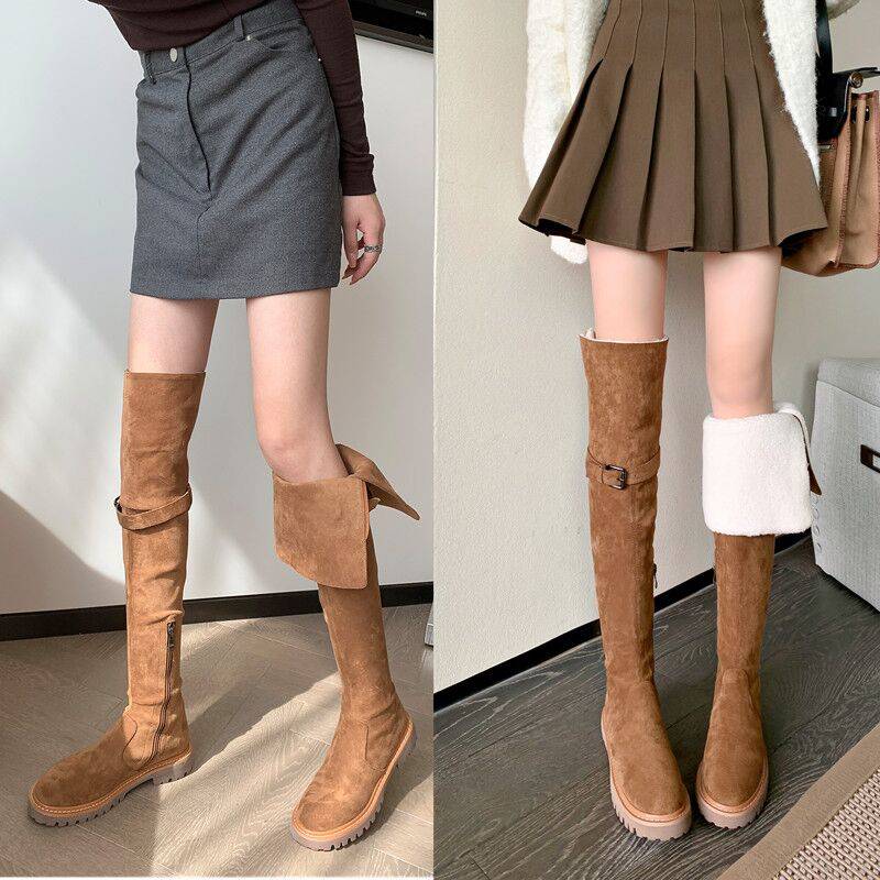 AZHU SHOES同款长筒靴女雪地靴厚底小个子长靴加绒保暖过膝靴两穿