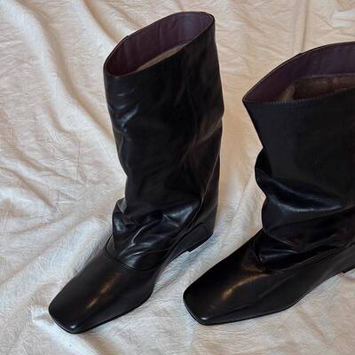 Rubywu【西部日记】大筒围内增高复古方头宽筒骑士靴女裤管靴