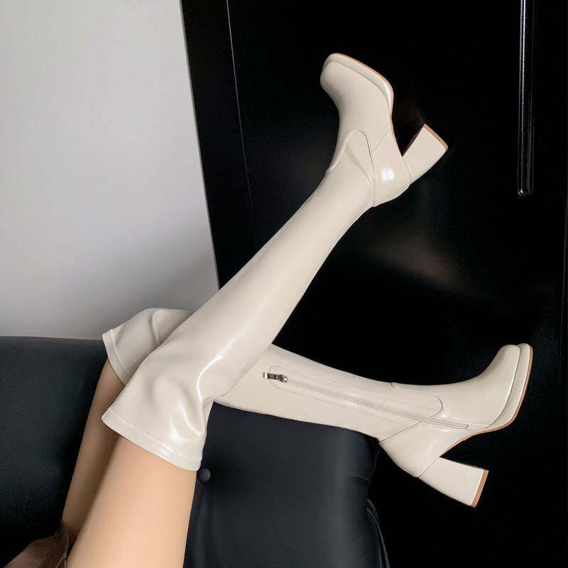 瘦腿过膝长靴女2023春秋季单靴冬天加绒防水台高粗跟长筒弹力靴女