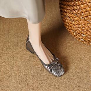 巨舒服超软小羊皮法式绝美蝴蝶结单鞋真皮方头瓢鞋枪色平底女鞋子