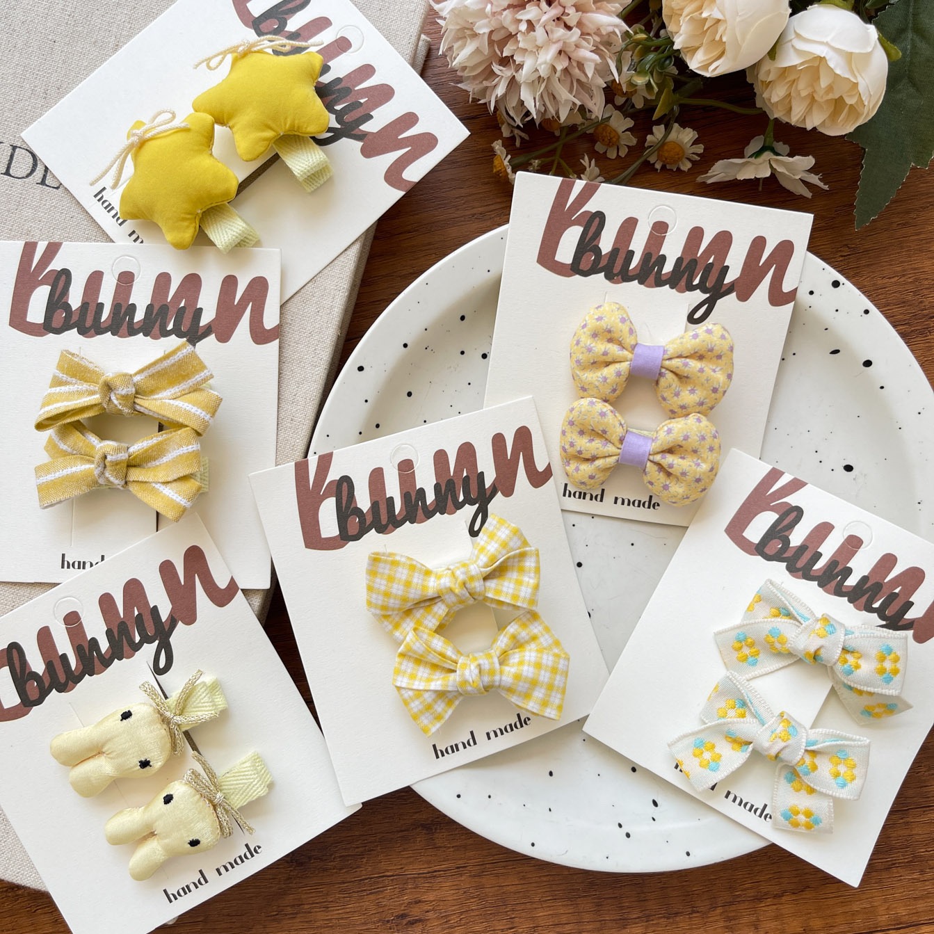 奶黄色新款蝴蝶结对夹宝宝头饰不伤发女孩刘海夹精致手工小发卡