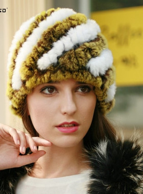 丹索DENISO秋冬针织皮草帽手工编织加厚保暖帽 獭兔毛帽子