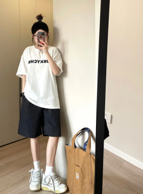 纯棉日系纯色工装短裤女夏季新款小个子松紧腰中性休闲阔腿五分裤