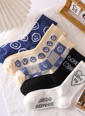 蓝色袜子女中筒袜韩版卡通笑脸春秋冬纯棉日系长袜学院风百搭网红