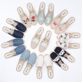 包邮 新款 凉鞋 女夏 植物花卉草编鞋 亚麻帆布绣花室内防滑半拖鞋