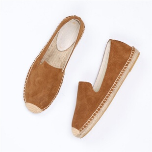 一脚蹬渔夫鞋男女草编麻底反绒皮乐福鞋懒人平底百搭透气休闲鞋男