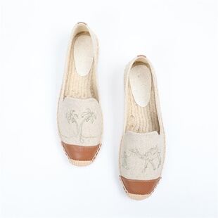 2023春夏百搭麻底草编休闲鞋吸汗透气小白鞋刺绣低帮浅口帆布鞋女