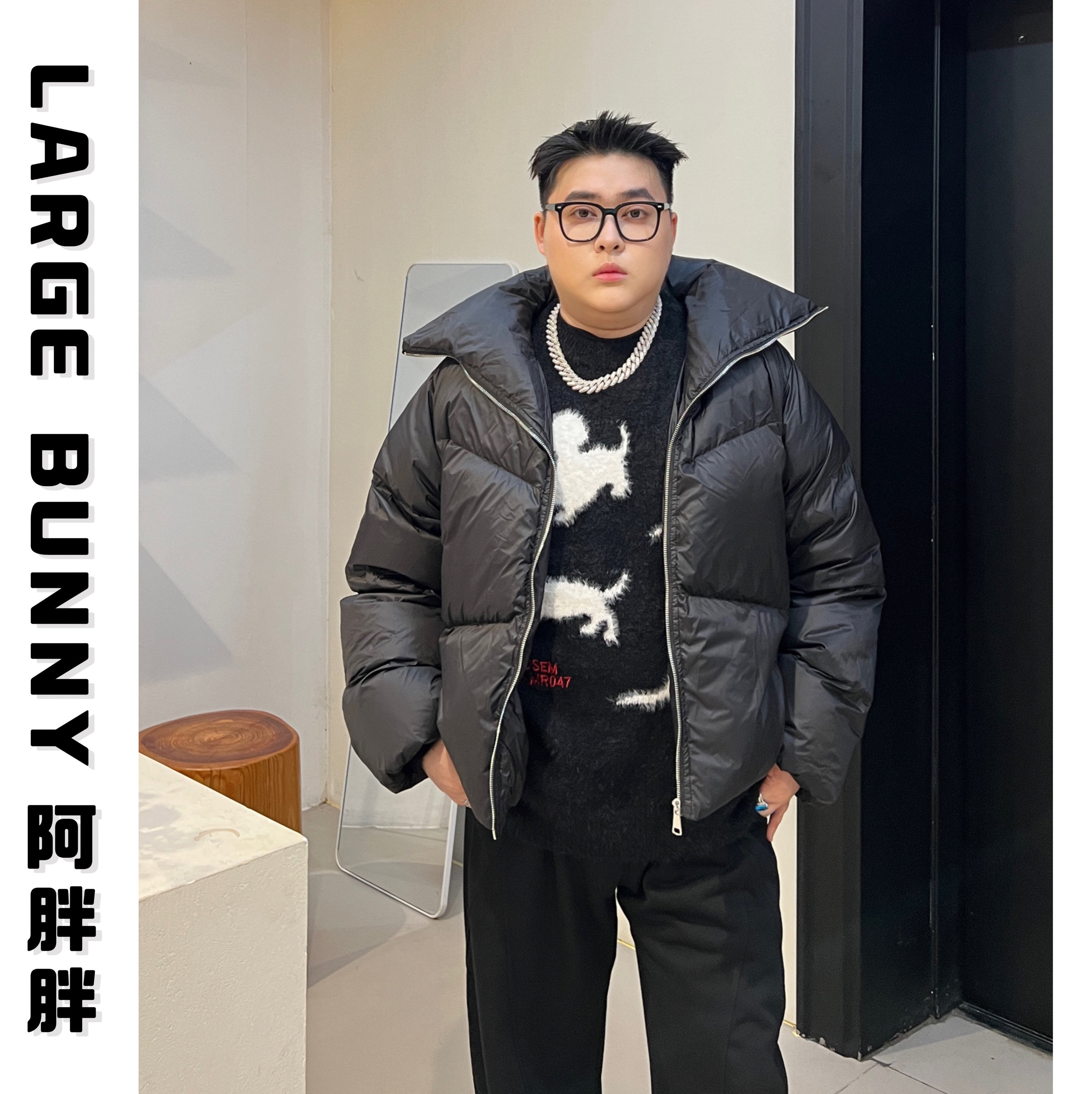 阿胖胖 大码情侣时髦个性加厚重磅短款嘻哈外套黑色羽绒服男女