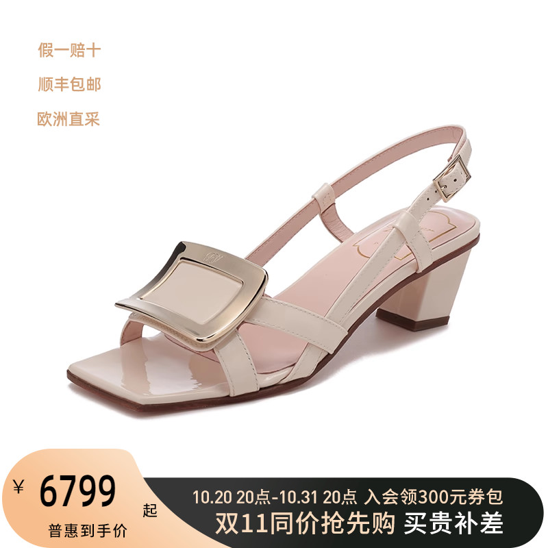 RV女士Belle Vivier系列漆皮金属饰扣方头粗跟凉鞋RVW65832620D1P