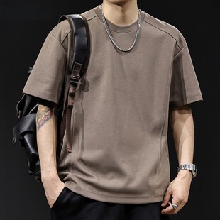 美拉德风特大码重磅纯棉短袖T恤男胖子纯色透气宽松正肩解构上衣