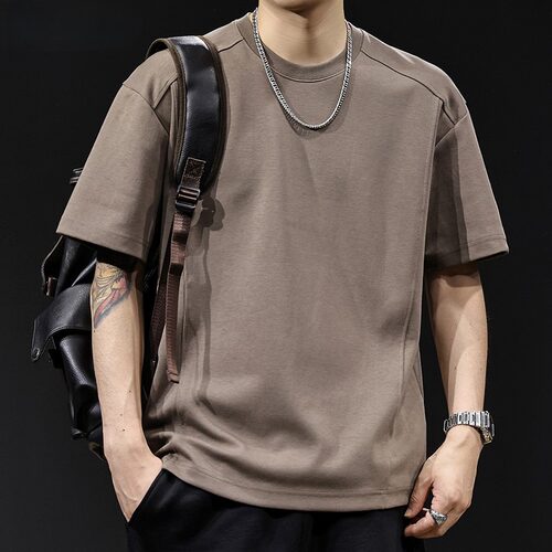美拉德风特大码重磅纯棉短袖T恤男胖子纯色透气宽松正肩解构上衣