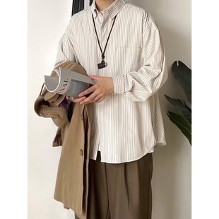 原宿风ins浅条纹长袖衬衫男日系学院风宽松大码加肥秋季盐系衬衣
