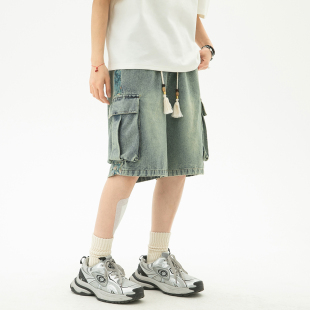 工装 耐磨水洗五分裤 牛仔短裤 宽松胖子加大码 男夏季 提花刺绣新中式