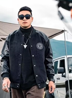 美式PU机车皮夹克男暗黑复古防风棒球服加肥加大码300斤皮衣外套