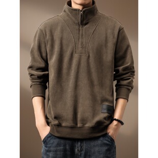 oversize复古半拉链立领针织T恤男秋冬欧棉绒宽松加大码 加肥卫衣