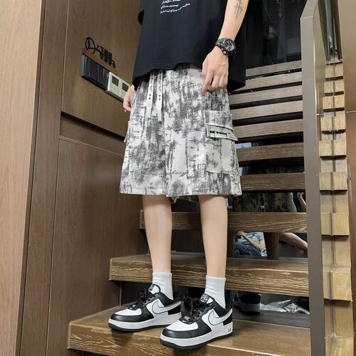 扎染渐变刺绣工装五分短裤男大码