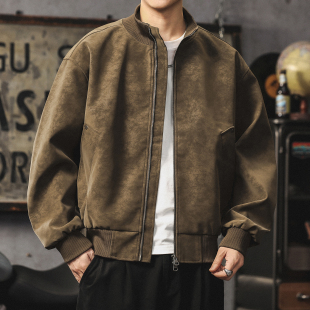 美式 加肥潮牌百搭外套 复古立领PU皮衣男痞帅休闲机车麂皮夹克大码