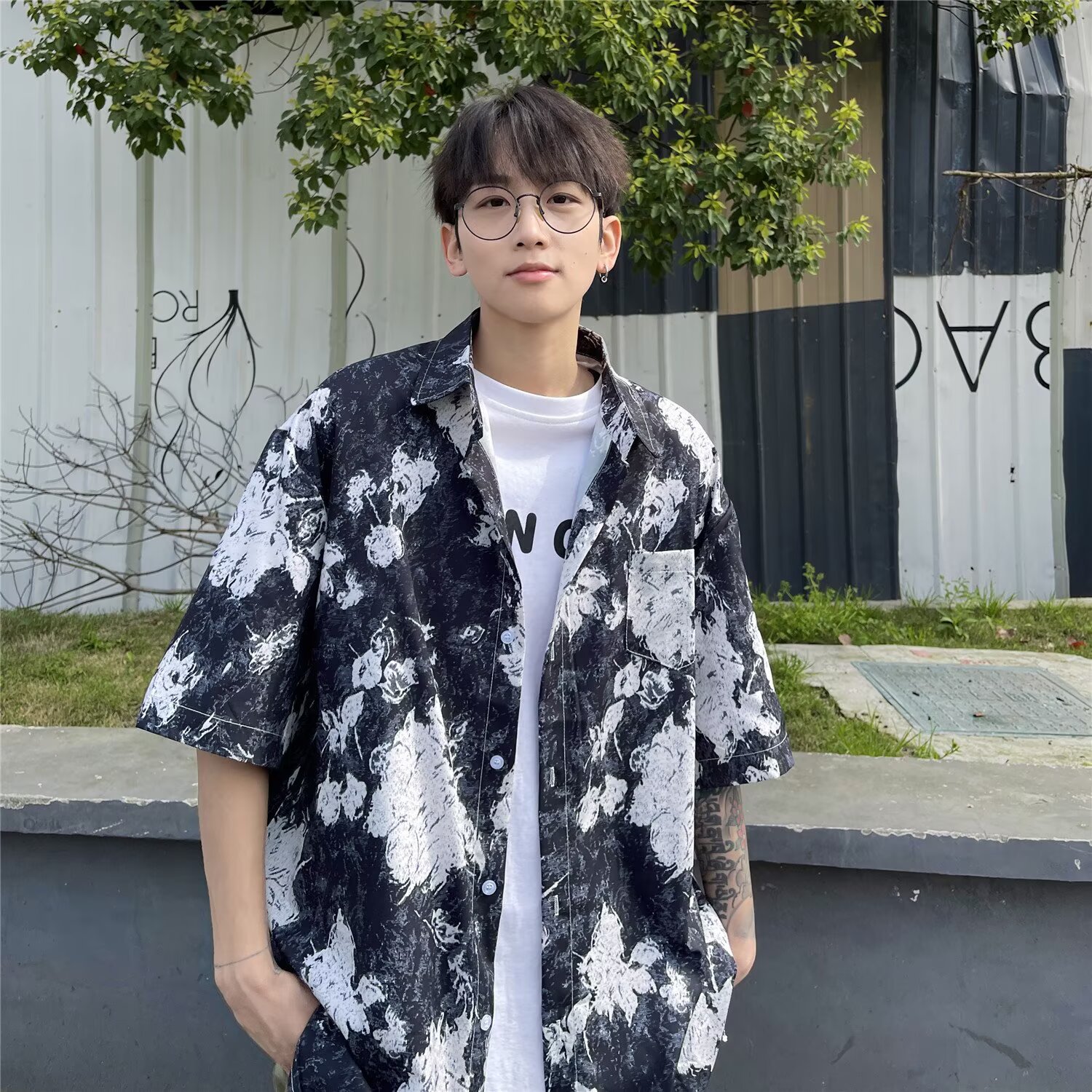 美式复古花衬衫短袖男夏季冰丝潮牌宽松大码300斤衬衣情侣半袖衫