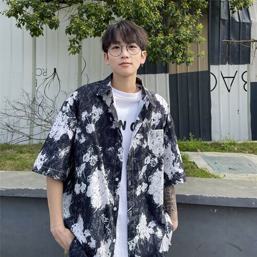 美式复古冰丝大码宽松短袖男衬衫