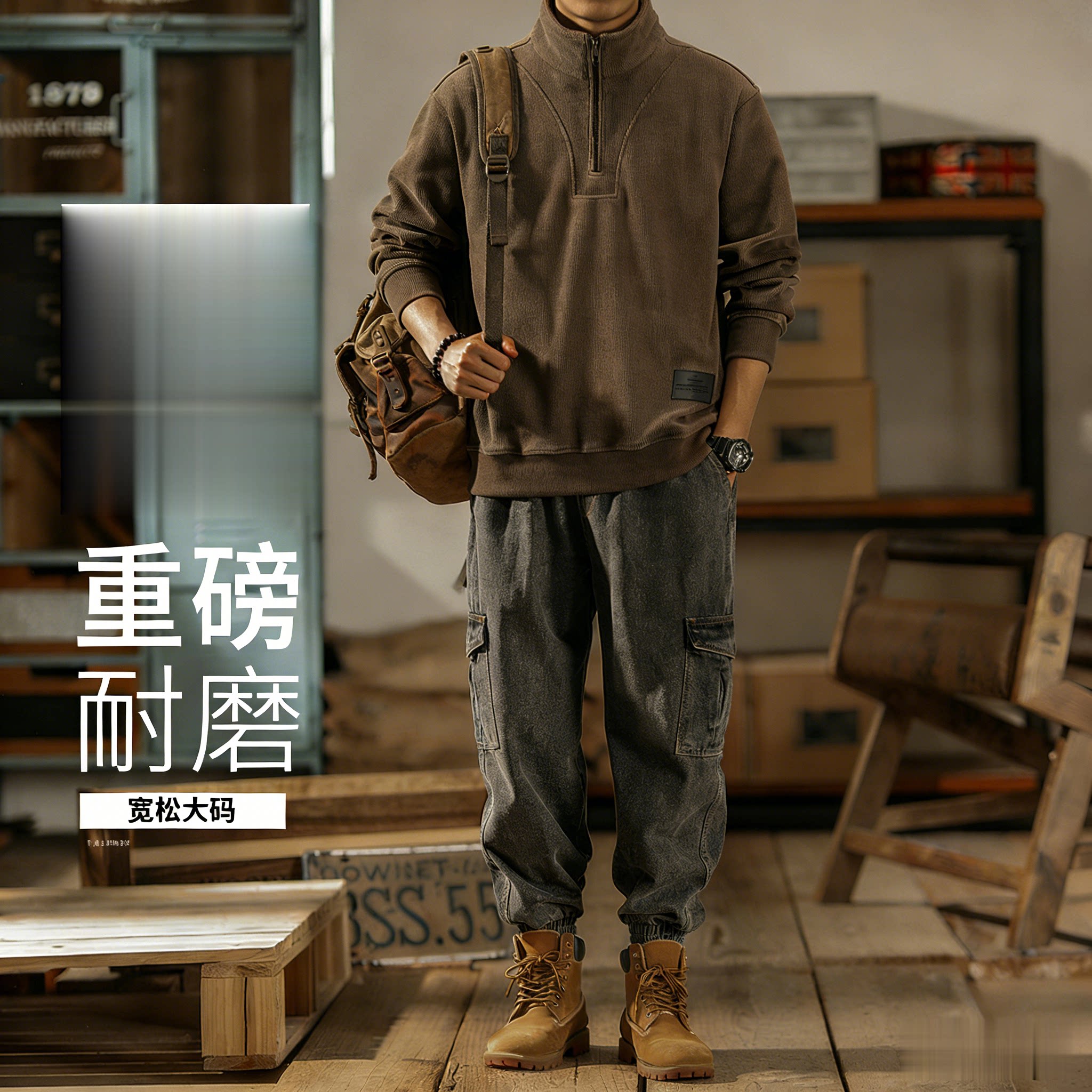 高级感气质特大码牛仔卫衣套装男