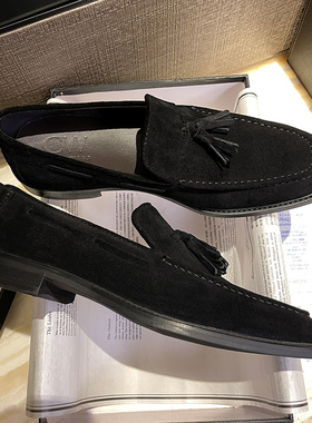 CW新款便士乐福鞋男真皮鞋英伦厚底一脚蹬流苏懒人套脚吊坠翻毛