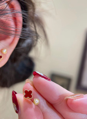安可拉红色四叶草耳钉女小众设计轻奢高级感耳环小巧精致百搭耳饰